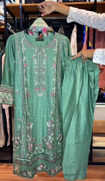 Pakistani Original Hayat’s Embroidered Stitched Cotton 3Pcs _ Green 